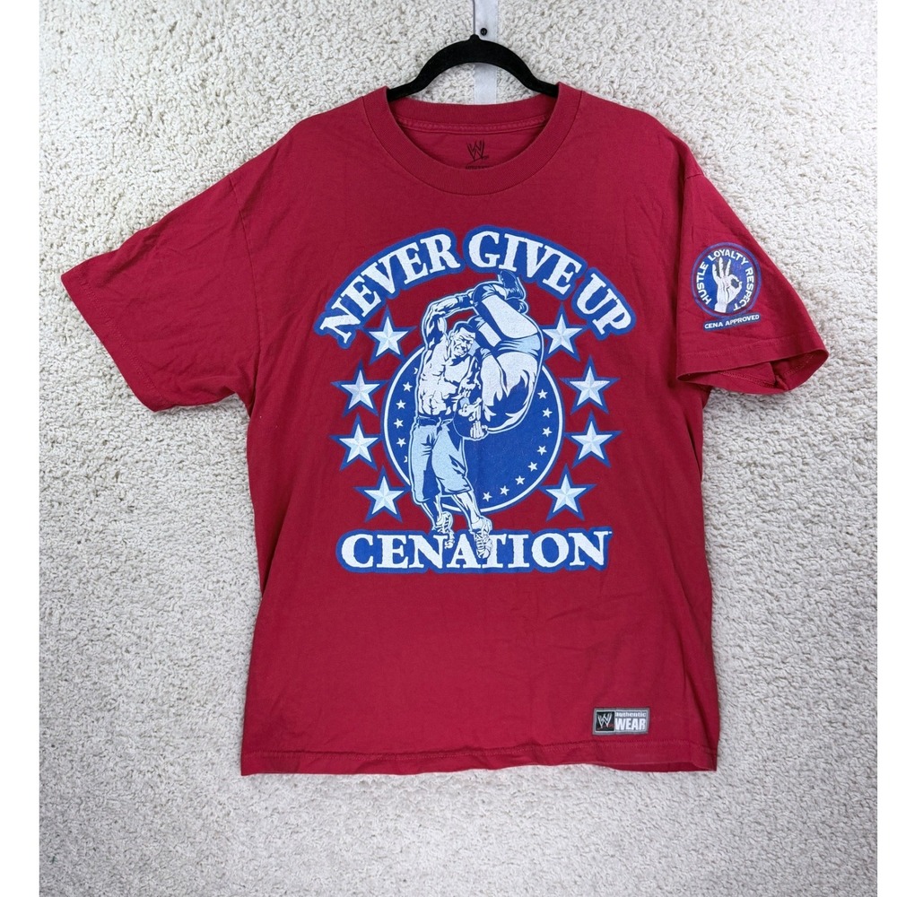 WWE John Cena T-Shirt Mens Large Red Good Never Give Up Cenation Graphic Tee